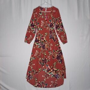 Xhilaration Maxi Dress XS Red Orange Floral Long Sleeve Surplice V-Neck A-Line